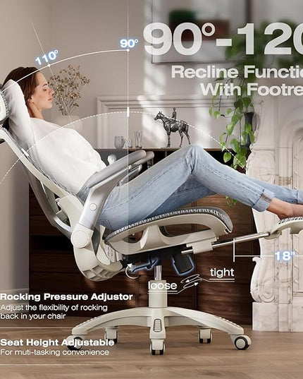 ELABEST X100 Ergonomic Office Chair with Footrest, Big and Tall Home Desk Chair with 5D Flip-Up Arms, Adjustable 3D Lumbar Support,High Back Rolling Computer Chair, Swivel Mesh Chairs (Frosted Dawn)
