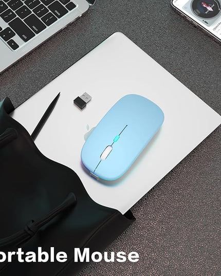 Wireless Bluetooth Mouse Rechargeable Laptop Mice with LED Use Portable(BT5.2 and USB 2.4G) Dual Mode Connection Silent Slim Computer Mouse for Laptop/iPad Tablet/Apple MacBook/PC(Blue)