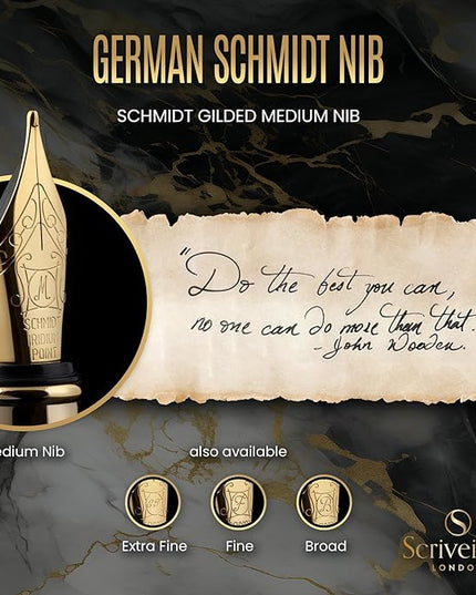 Scriveiner Luxury Fountain Pen - Stunning Black Lacquer Pen, Real Gold Finish, Schmidt Gilded Nib (Medium), Converter, Best Pen Gift Set for Men & Women, Professional, Executive, Office, Nice Pens