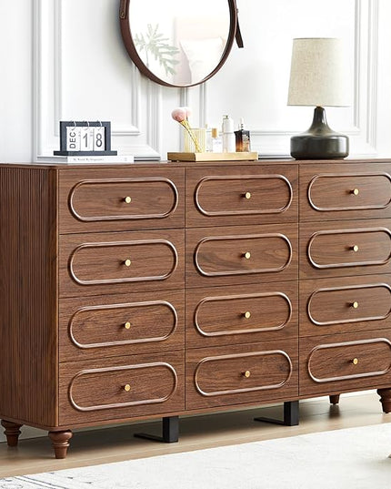 12 Drawer Fluted Dresser for Bedroom, Mid Century Modern Chest of Drawers, Wood Storage Small Dresser Organizer for Bedroom Living Room Hallway Closet, Walnut