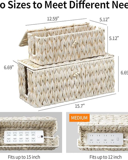 Cable Management Box,Boho Decorative Handwoven 2 Open Slots Cord Organizer Hider Box with Lid for TV Wires, Computer, Router, USB Hub and Under Desk Power Strip