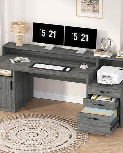 Executive Computer Desk with 3 Drawers & Storage Shelves, 65 Inch Home Office Desk with File Drawer & Cabinet, Writing Study Desks with Monitor Stand & Printer Shelf, Dark Grey