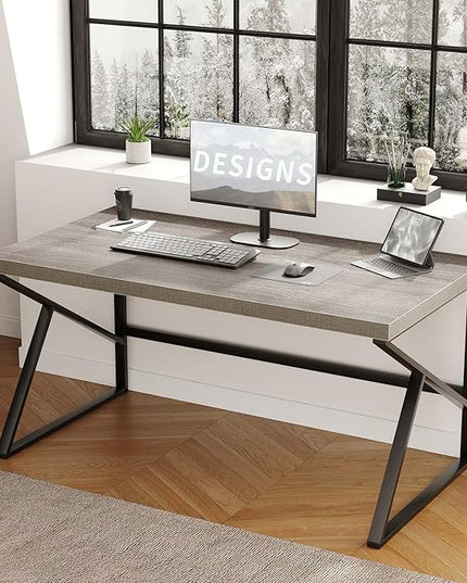 HSH Gray Computer Desk, Industrial Wood and Metal Home Office Desk, Farmhouse Rustic PC Laptop Desk for Executive Work Writing Study Gaming, Modern Simple Bedroom Computer Table, Light Grey Oak, 55 In