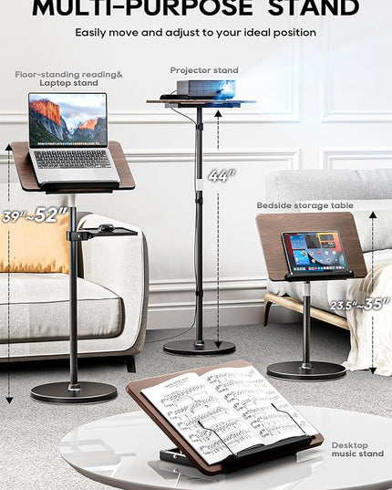 2 in 1 Adjustable Book Stand - Dual-Use Floor and Desktop Book Holder Stand, Height Adjustable 23.5-52 in, Elastic Page Clips for Music Sheet, Recipe, Tablet, Laptop-Black