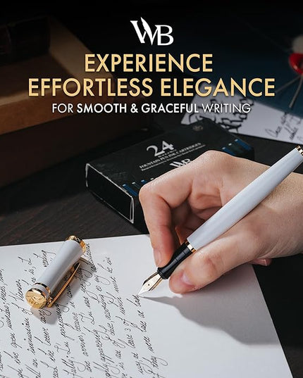 Wordsworth & Black Fountain Pen Set, 18K Gilded Medium Nib, Includes 24 Pack Ink Cartridges, Ink Refill Converter & Gift Box, Gold Finish, Calligraphy, [White Gold], Perfect for Men & Women