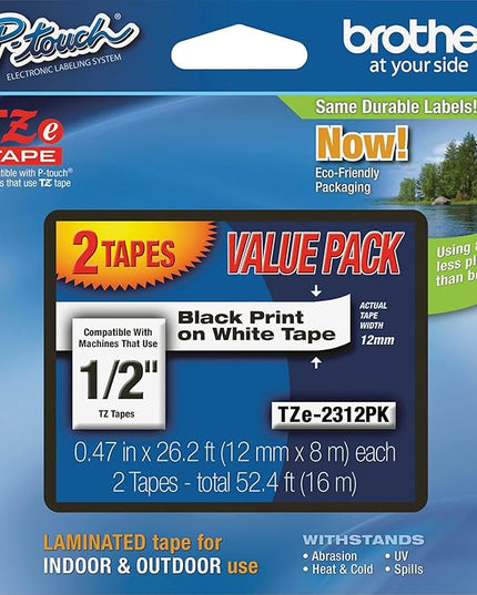 Brother Genuine P-Touch, TZe-231 2 Pack Tape (TZE2312PK) ½”(0.47”) x 26.2 ft. (8m) 2 Count (Pack of 1) Laminated P-Touch Tape, Black on White