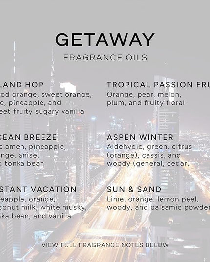 Get Away Gift Set of 6 Premium Grade Fragrance Oils - Island Hop, Ocean Breeze, Tropical Passion Fruit, Aspen Winter, Instant Vacation, Sun & Sand - 10Ml - Scented Oils