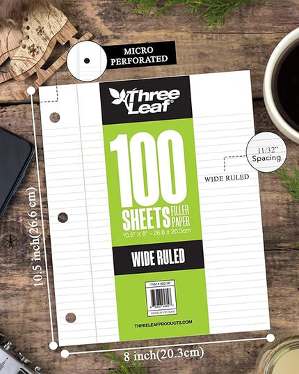 Three Leaf 100 Sheets Wide Ruled Filler Paper, 2880 Ct. (80 Cases X 36 Filler Paper), Loose-Leaf Sheets For School And Office 100 Ct. Filler Paper, Notebook Paper