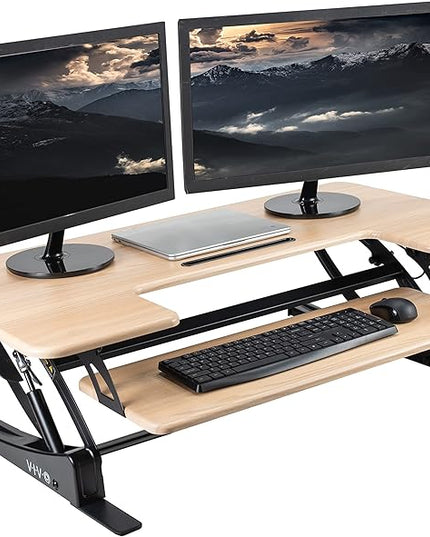 VIVO 42 inch Height Adjustable Stand Up Desk Converter, V Series, Quick Sit to Stand Tabletop Dual Monitor Riser Workstation, Light Wood Top, Black Frame, DESK-V000VLO