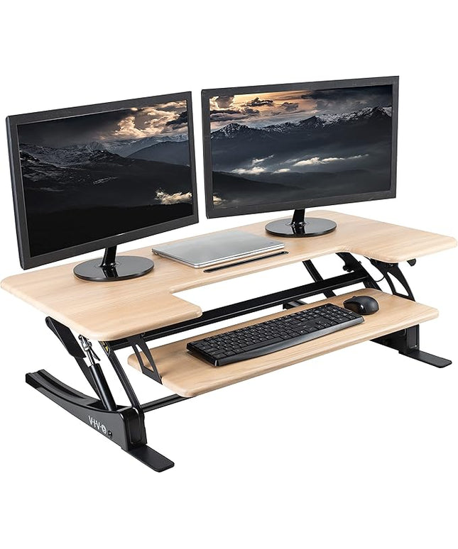 VIVO 42 inch Height Adjustable Stand Up Desk Converter, V Series, Quick Sit to Stand Tabletop Dual Monitor Riser Workstation, Light Wood Top, Black Frame, DESK-V000VLO