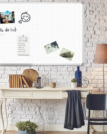 JILoffice Magnetic Dry Erase Planning Board, Grid Pattern White Board 48 x 36 Inch, Silver Aluminum Frame with Detachable Marker Tray for Office School and Home
