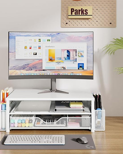 OPNICE Desk Organizers and Accessories, 2-Tier Computer Monitor Stand Riser with Drawer and 2 Pen Holders, Laptop Stand, Office Desk Accessories for Office Supplies, White