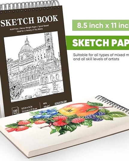 Soucolor Sketchbook 8.5x11 Hard Cover - 100 Sheets Spiral Bound Sketch Pad 8.5" x 11", 68lb/100gsm Thick Drawing Paper 8.5" x 11", Acid-Free Art Notebook for Adults Teacher Must Have