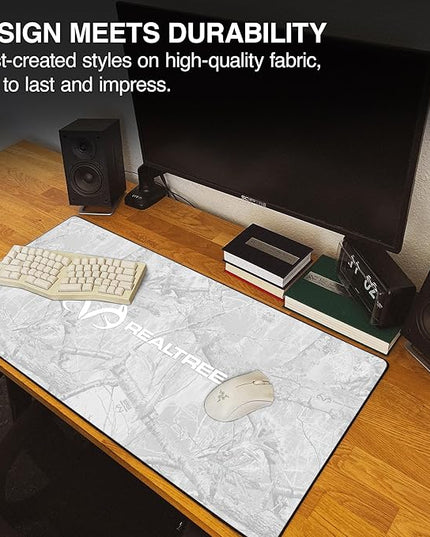MPCO. Real Tree Large Gaming Desk Pad - 36" x 17" Aeroglyde Fabric Edge Snow White – with Logo Desk Mats - Non-Slip, Washable, Smooth Glide for Precision Gaming & Work