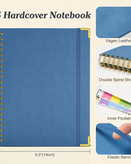 Blank Spiral Notebook: Leather Sketch Book, 300 Pages Hardcover Unlined Notebook for Women Men,100GSM Thick No Bleed Paper Journal, A5 Small Art Sketchbook for Drawing Writing, 5.5" x 8", Dark Blue