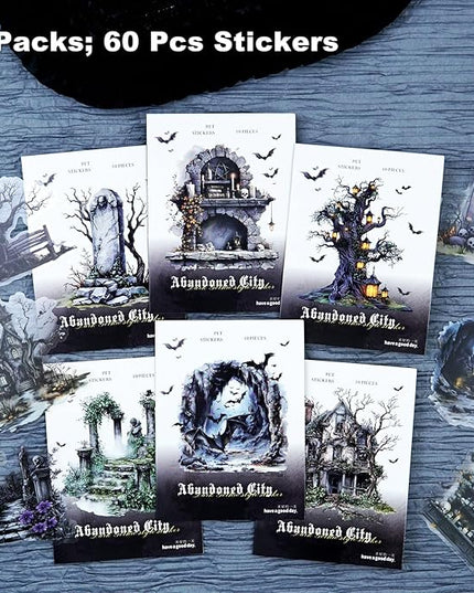 AuriicLeaf Gothic PET Sticker Set, 60PCS Abandoned City Theme Stickers for Scrapbooking, Journaling, DIY Crafts and Planner Supplies