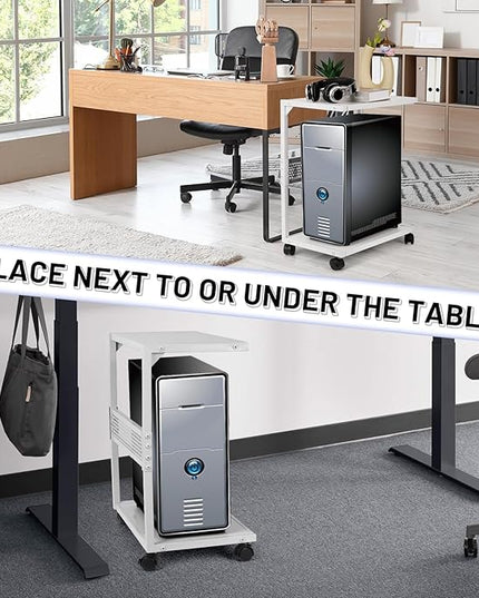PC Stand Computer Tower Stand 2-Tier Metal CPU Holder with Locking Caster Wheels Suitable for Most PC (S,White)