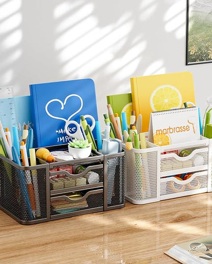 Marbrasse Mesh Desk Organizer, Pen Organizer with 2 Drawer, Multi-Functional Pencil Holder, Desk Organizers and Accessories with 5 Compartments + Drawer for Office Art Supplies (White)