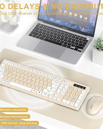 Wireless Keyboard and Mouse Combo, Full-Sized Wireless Keyboard and Adjustable DPI Mouse, 2.4GHz USB Receiver, Keyboard and Mouse for PC, Windows, Desktop, Laptop (Latte Color)