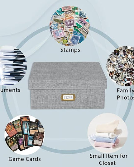 Decorative Photo Storage Box - Linen Photo Box Organizer with Dividers, Fits Holds Up to 1700 Pictures and 4x6 Photos, Memory Keepsake Organizer for Photos, Scrapbook Supplies, Cards, Stamps (Grey)
