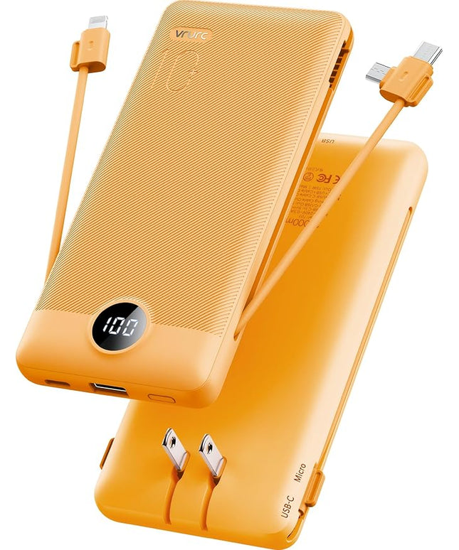 VRURC Portable Charger Built-in Cables and AC Wall Plug, USB C Power Bank 10000mAh, Travel Battery Phone Charger Compact Lightweight External Battery Pack for Smart Phones, Tablets etc-Orange