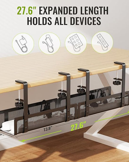 [Upgraded] 2 Pack Cable Management Under Desk Tray, Xpatee 27.6" No Drill Open Slots Cable Management Tray, Cord Wire Organizer Box with Clamp for Table Thickness up to 3" - No Desk Damage(Black)