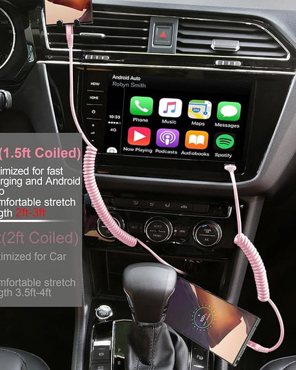 USB C to USB C Cable [3FT+6FT], 2Pack Coiled USBC Cable for Car USB Type C Fast Charging Cable, CarPlay iPhone USB-C Cable/Android Auto USB C Cord for iPhone 17/16/ 15/Pro Max/Samsung Galaxy S23-Pink