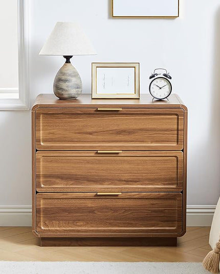 Turtle&Myrtle Modern 3 Drawer Dressers for Bedroom, 26'' Wide Wood Nightstand w/3 Storage Drawers, End Table, Dresser & Chest of Drawers with Curved Profile for Living Room Entryway, Brown