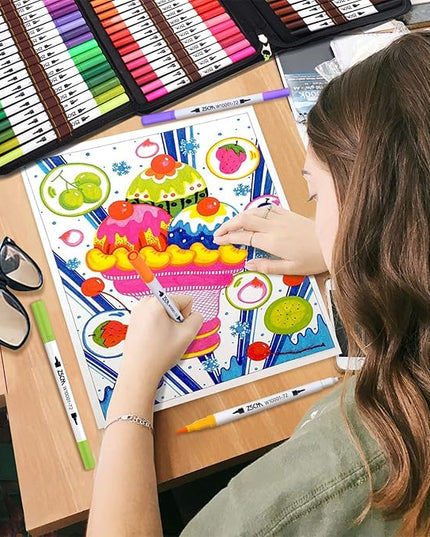 ZSCM 72 Colors Markers for Adult Coloring Books No Bleeding - Dual-Tip Art Markers, Fine & Brush Tip Coloring Pen for Adult Calligraphy, Drawing, Sketch Art & Creative Journaling