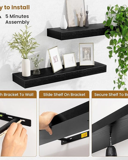 Fun Memories Floating Shelves Set of 2, 24 Inch Floating Shelves for Wall, Wood Wall Shelves with Invisible Brackets, for Bathroom, Bedroom, Living Room, Kitchen, Black