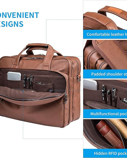 seyfocnia Leather Laptop Bag, Men's 15.6 Inche 17.3 Inche Messenger Briefcase Business Satchel Computer Handbag Shoulder Bag