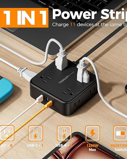 TESSAN Surge Protector Power Strip Black, 5 Ft Flat Plug Extension Cord with 3 USB (1 USB C) 8 Outlets, 900J Surge Protection, 3 Sided Outlet Extender with Power Switch for Office, Dorm Room
