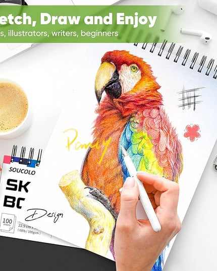 Soucolor Art and Craft Paper for Kids Adults Artists Doodles, School Projects & Home Painting, 9"x12" Bulk Sketch Books 3-Pack (100 Sheets Each) | Spiral Bound Drawing Paper Acid Free (68lb/100gsm)