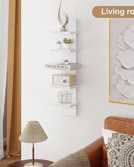 Fun Memories 5 Tier Wall Shelf Unit, White Floating Shelves for Storage - Vertical Column Tower Design, Lack Wall Shelf Space Saving Organizer for Bedroom, Living Room, Home Decor