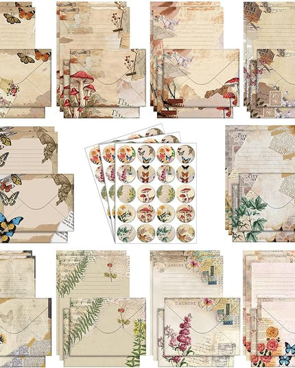 TaoBary 160 Pcs Stationery Paper Set 50 Double Sided Stationery Papers with 50 Matching Envelopes and 60 Round Dot Sticker, 10 Design(Nature Vintage Style,5.5 x 8.25 Inch)