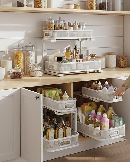 2 Pack Under Sink Organizer, Dual-Layer Pull Out Mesh Cabinet Rack with 5-Level Height Adjustment, Rust-Resistant Sliding Storage for Bathroom & Kitchen, Multi-Purpose 2-Tier Shelf