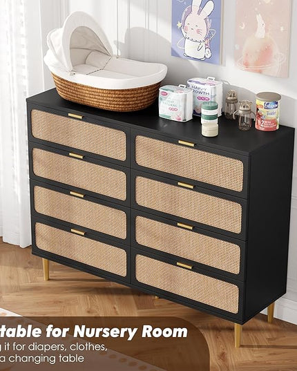 Garvee Rattan Dresser with 8 Drawers, Tall Modern Closet with Deep Storage, Large Chest of Drawers with Wide Top, Long Wooden Dresser for Bedroom, Living Room, Hallway, Kids Room, Black