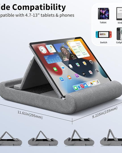 CreaDream Tablet Pillow Stand, Foldable Tablet Holder for Lap, Bed and Desk, Soft Pillow Pad with Pocket and Stylus Mount, for 4-13" Tablets, Like iPad Pro 11, 13, Air, Mini, Kindle, Galaxy Tab, Grey