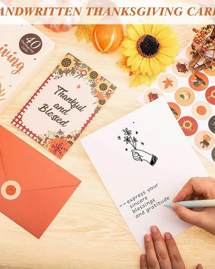 40 Pack Thanksgiving Cards with Envelopes, 4 x 6 in Bulk Thanksgiving Cards with Stickers, 10 Designs Thanks & Blessings Greeting Card Boxed for Fall Autumn Holiday Parties Celebrate the Harvest