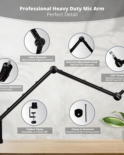 IXTECH Microphone Boom Arm with Desk Mount, 360° Rotatable, Adjustable and Foldable Scissor Mounting for Podcast, Video Gaming, Radio and Studio Audio, Sturdy and Universal - Elegance Model