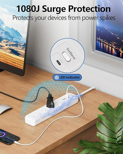 5Ft Power Strip Surge Protector - TerHavn Extension Cord with 15 AC Outlets and 4 USB Ports for for Home, Office, Dorm Essentials, 1080 Joules,15A 1875W UL, (White)