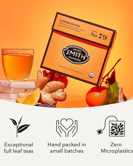 Steven Smith Teamaker Ginger Rising No. 79, Organic Ginger, Lemon, Herbal Tea Blend, Caffeine-Free, Sugar-Free, Sustainably Grown, Tea Bags, 15 Sachets, 1.48oz each