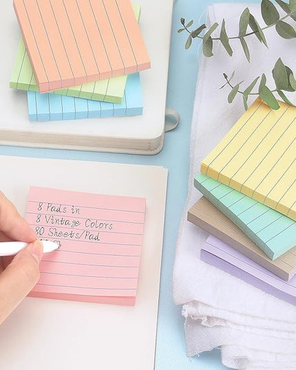 Lined Sticky Notes 3x3 Inch, 8 Pack, Light Colors, Premium Self-Adhesive Notepads, 640 Sheets, for Office, School & Home Use, Easy to Use, Reusable & Removable