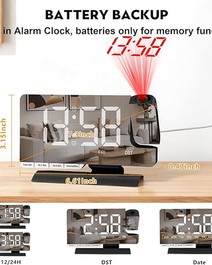 SZELAM Digital Clock,Alarm Clock Bedside with Projection,7.3" Mirror Clock with 180°Rotating Projector,Dual Alarm with 3 Mode,Brightnee Adjust,DST,Snooze,Charging Port,5 Levels Volume for Desk Teens