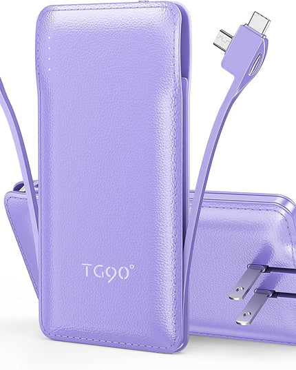TG90° Portable Charger,10000mAh Power Bank Built-in Cables and AC Wall Plug,USB C Portable Bank,Travel Essentials Phone Charger Compact External Battery Pack Compatible with iPhones,iPad, Samsung