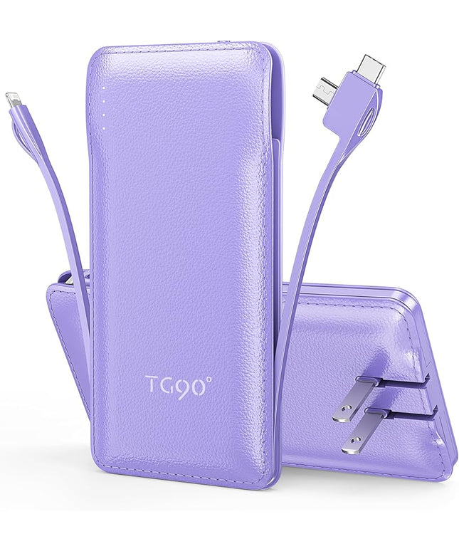 TG90° Portable Charger,10000mAh Power Bank Built-in Cables and AC Wall Plug,USB C Portable Bank,Travel Essentials Phone Charger Compact External Battery Pack Compatible with iPhones,iPad, Samsung