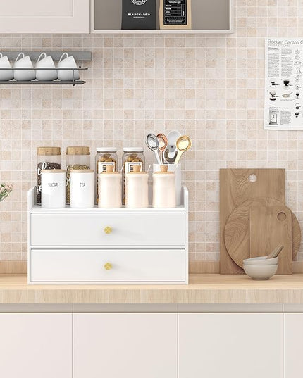 Bamboo Desk Organizer with Drawers Wooden Desktop Storage Drawers for Bills Office Supplies Kitchen Utensils Organizing Tool for Home Classroom Organization No Assembly (2 Drawers, White)