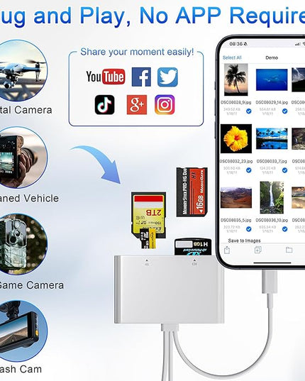 Memory Stick Pro Duo Adapter, 4 in 1 USB A/USB C/Lightning to SD/MS/Micro SD/XD Picture Card Reader for Camera Adapter Trail Game Camera Viewer for iPhone iPad MacBook, SD Card Reader for iPhone