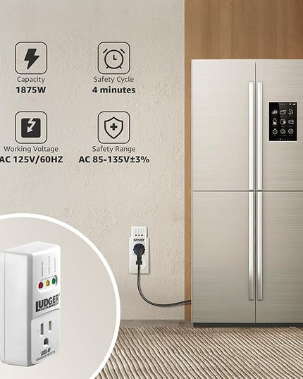 Ludger Power Surge Protector for Refrigerator (LUDX-RF), ETL Certified, Connects to Most Domestic Refrigerators, 4-Minute Safety Cycle, 3 Modes LED Indicator, Fire-Resistant Shell