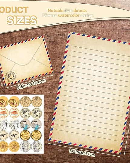 TaoBary 160 Pcs Stationery Paper Set 50 Double Sided Stationery Papers with 50 Matching Envelopes and 60 Round Dot Sticker, 10 Design(Vintage Airmail,5.5 x 8.25 Inch)